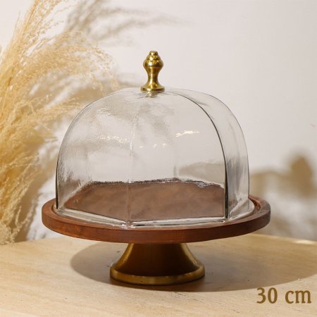 جاط كيك مدور 30سم 8239148 غطا زجاج سداسي قاعدة ورجل خشب هندي %ه10